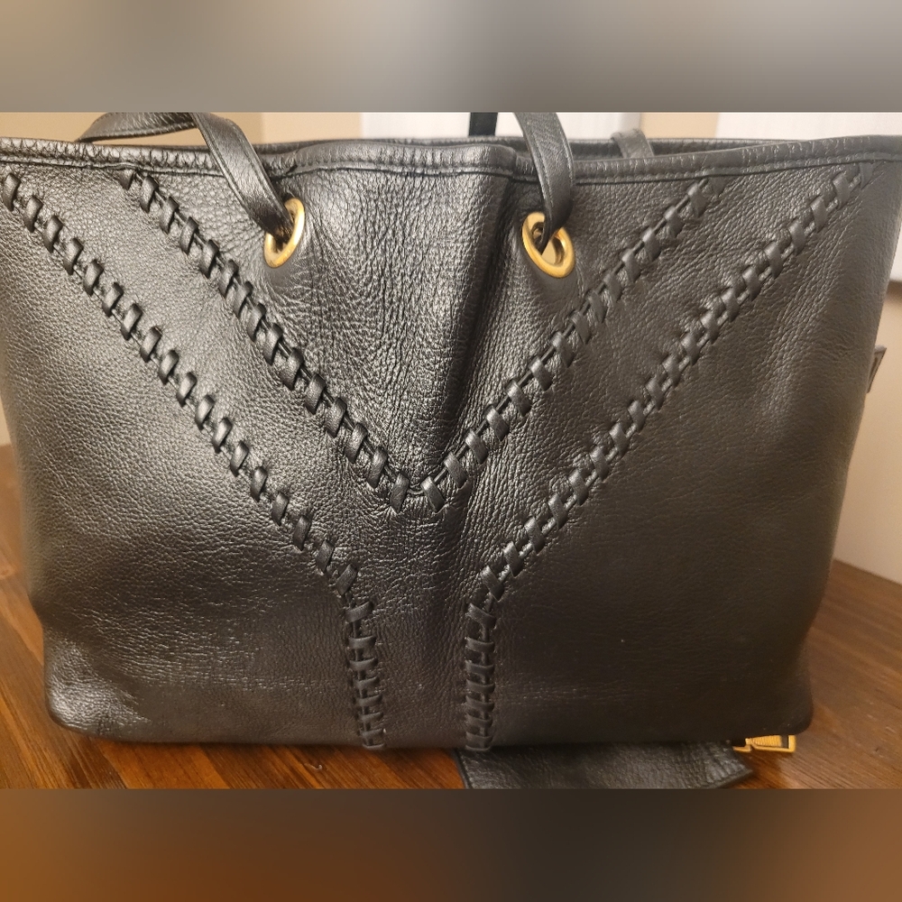 Yves Saint Laurent Black Leather Tote with Whipstitch & Gold Eyelets
